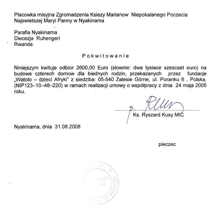 Pokwitowanie przekazanych środków