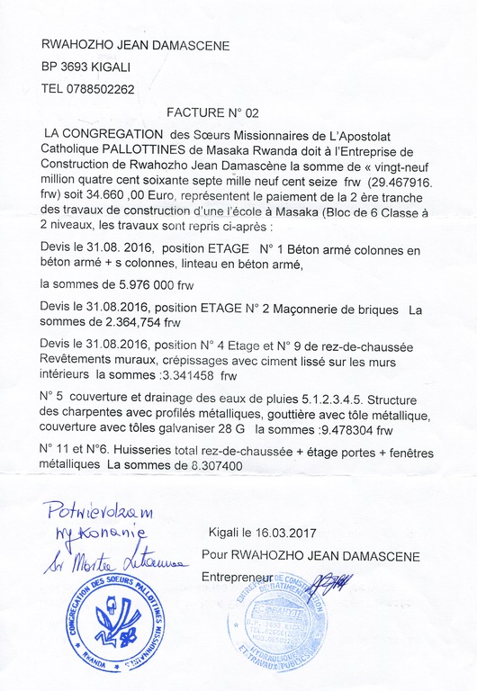 Faktura dotycząca budowy gimnazjum w Masaka