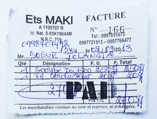 Faktura za agregat prądotwórczy dla szkoły podstawowej w Kongu Demokratycznym Faktura za agregat prądotwórczy dla szkoły podstawowej w Kongu Demokratycznym