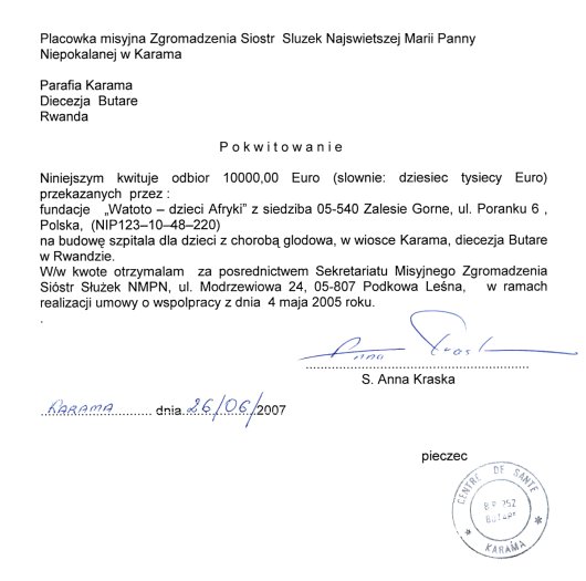 [pokwitowanie podpisane przez siostrę misjonarkę]