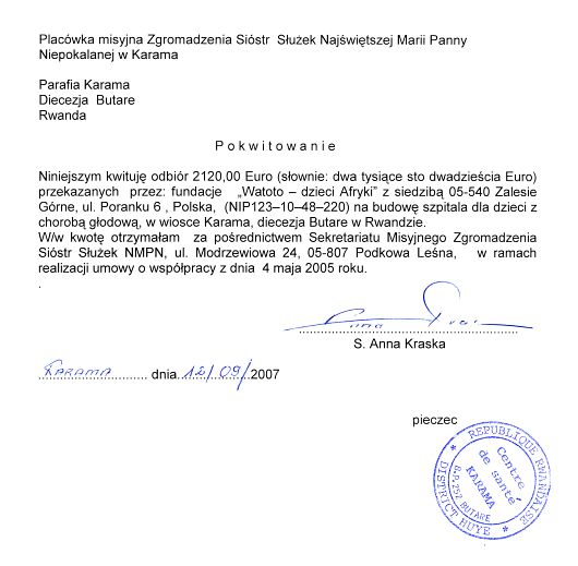 [pokwitowanie podpisane przez siostrę misjonarkę]